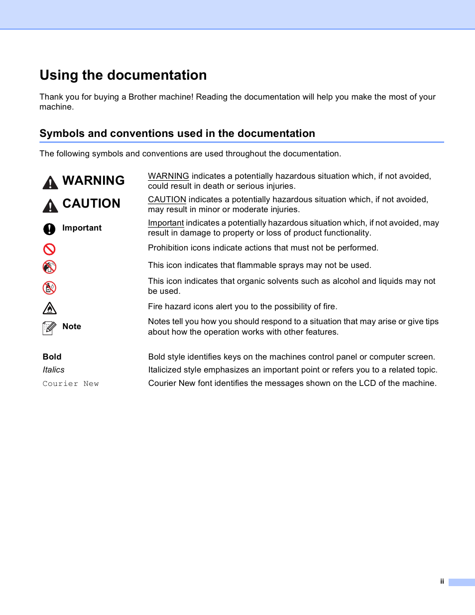 Using the documentation, Symbols and conventions used in the documentation, Warning | Caution | Brother HL-S7000DN User Manual | Page 3 / 161