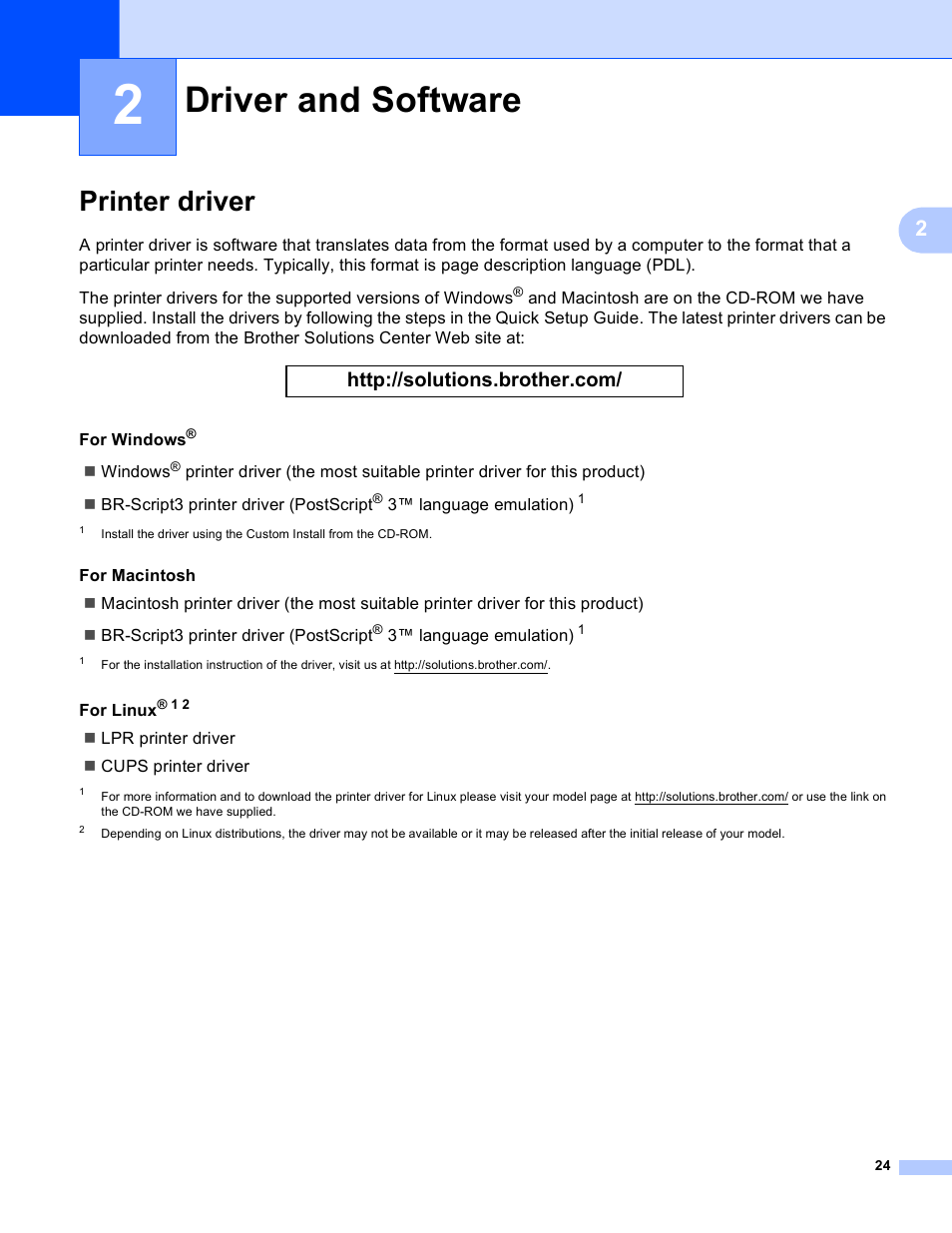 2 driver and software, Printer driver, Driver and software | Brother HL-S7000DN User Manual | Page 30 / 161