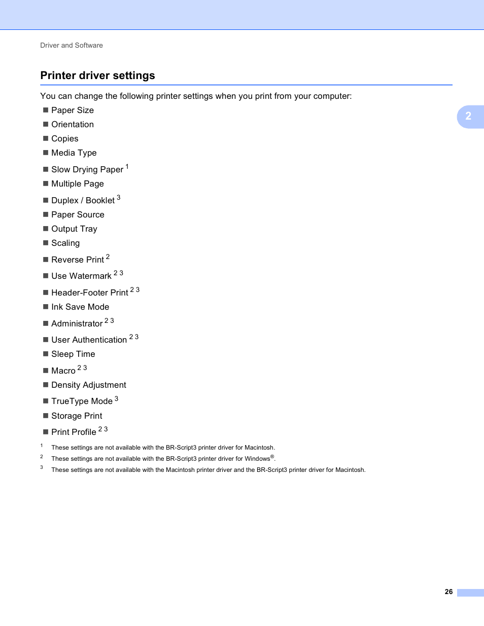 Printer driver settings, 2printer driver settings | Brother HL-S7000DN User Manual | Page 32 / 161