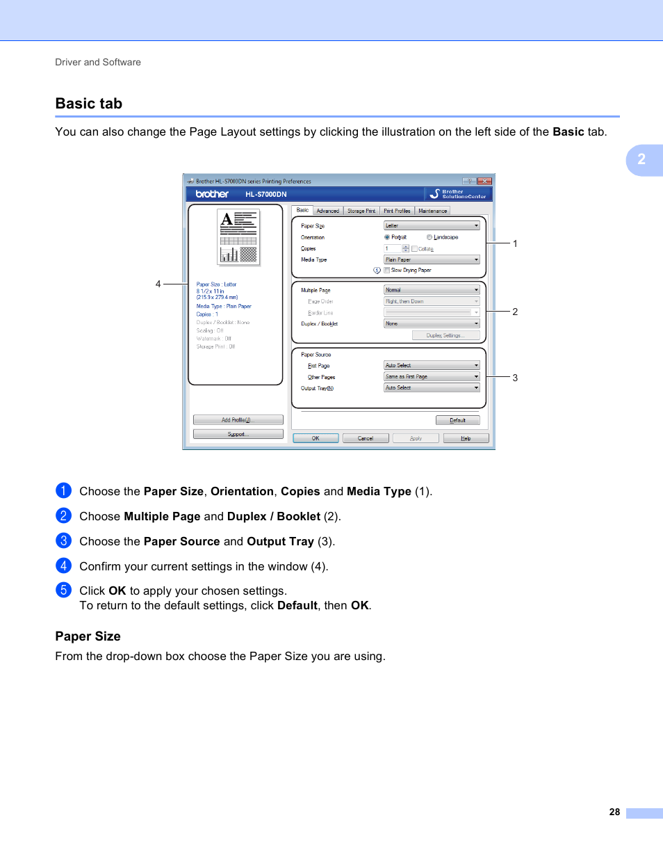Basic tab, Paper size, 2basic tab | Brother HL-S7000DN User Manual | Page 34 / 161