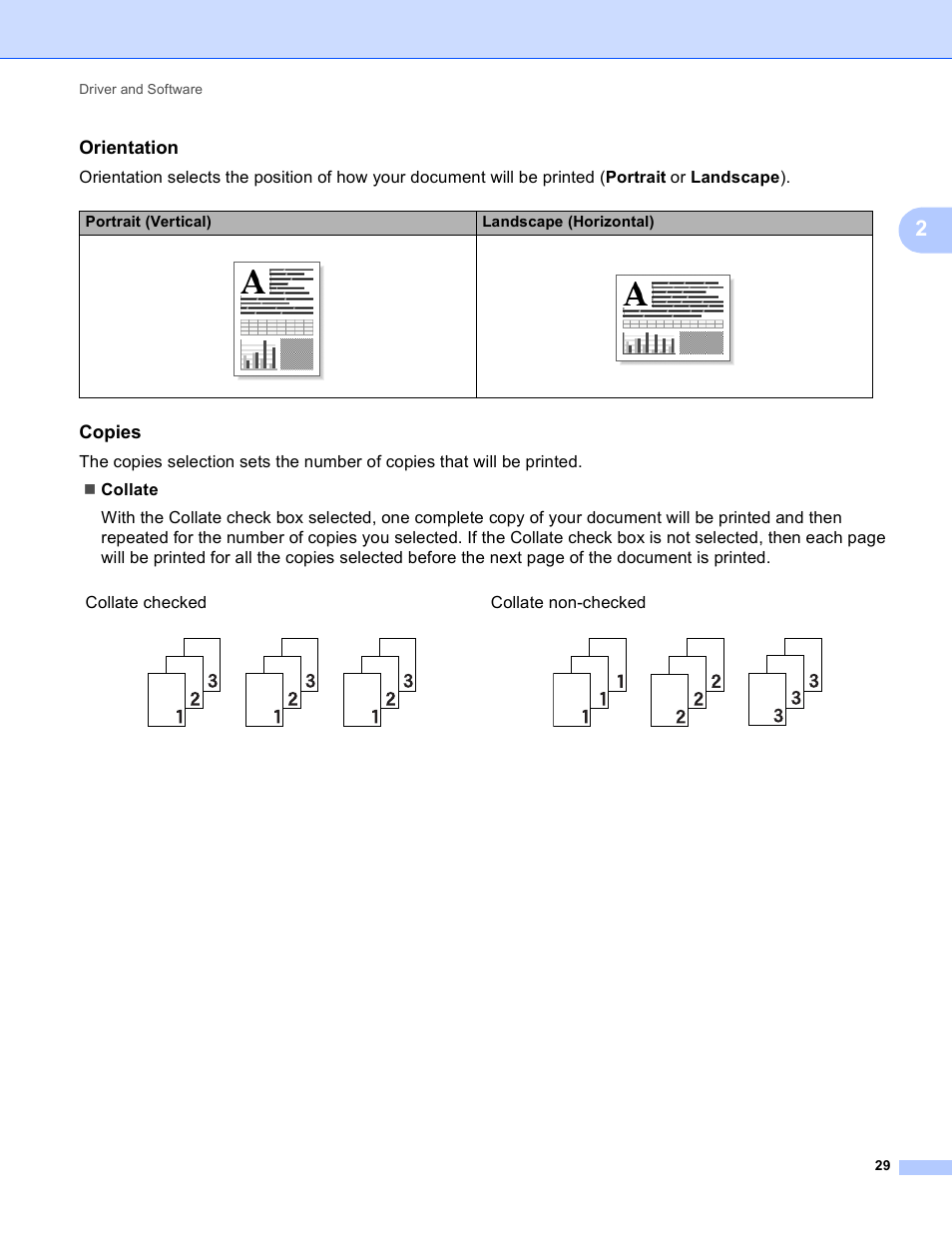 Orientation, Copies, Collate checked | Collate non-checked | Brother HL-S7000DN User Manual | Page 35 / 161