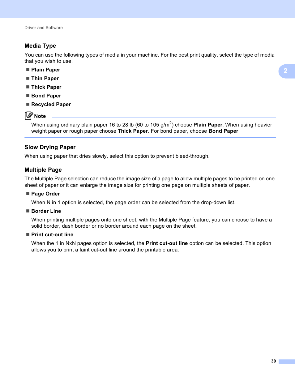 Media type, Slow drying paper, Multiple page | Brother HL-S7000DN User Manual | Page 36 / 161