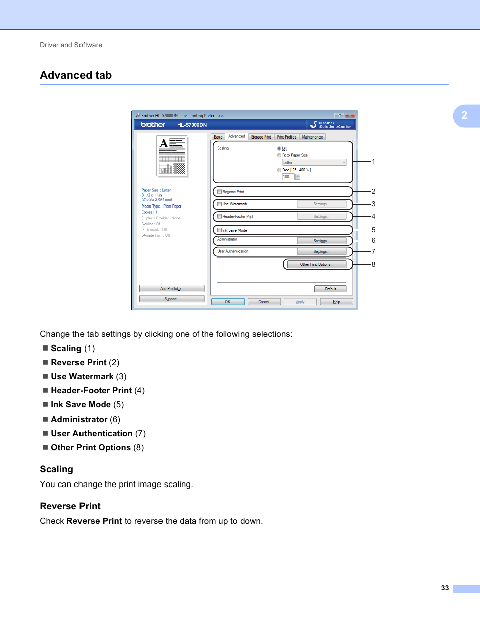 Advanced tab, Scaling, Reverse print | 2advanced tab | Brother HL-S7000DN User Manual | Page 39 / 161