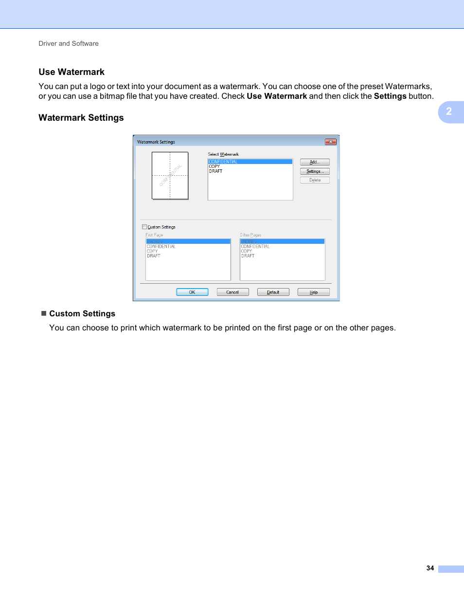 Use watermark, Watermark settings | Brother HL-S7000DN User Manual | Page 40 / 161