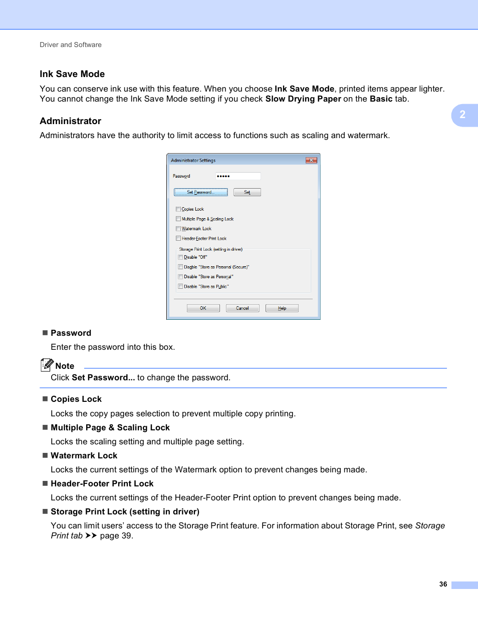 Ink save mode, Administrator | Brother HL-S7000DN User Manual | Page 42 / 161