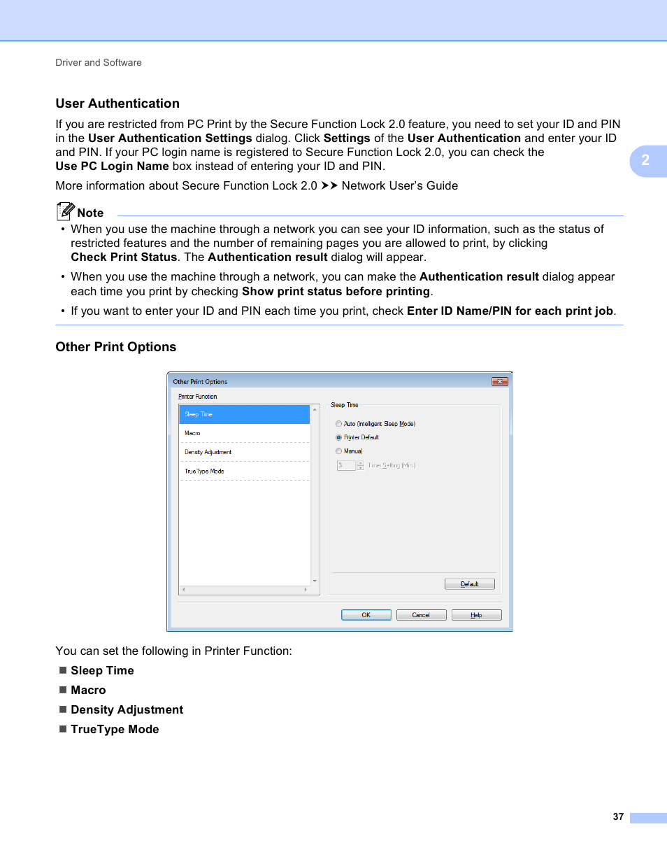 User authentication, Other print options | Brother HL-S7000DN User Manual | Page 43 / 161