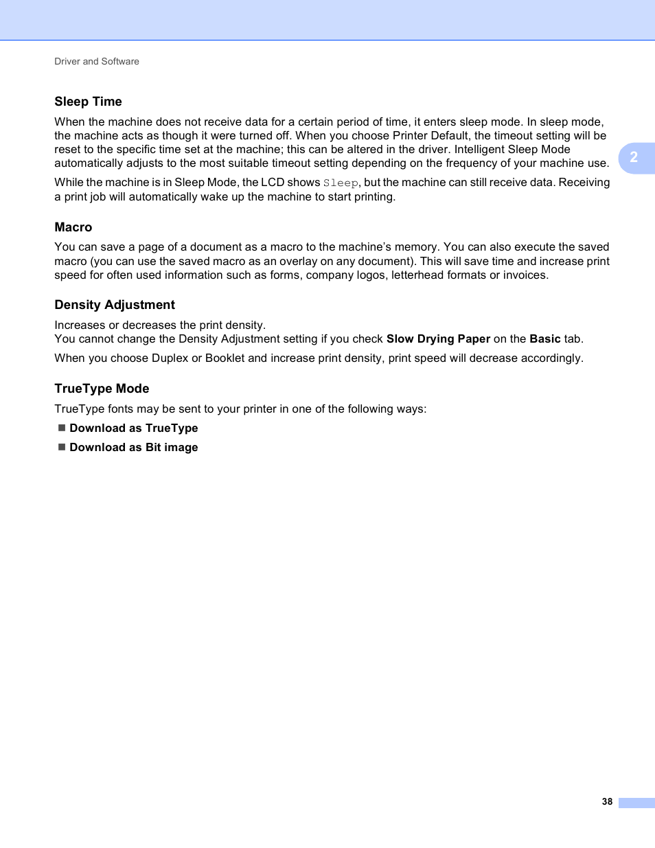 Sleep time, Macro, Density adjustment | Truetype mode | Brother HL-S7000DN User Manual | Page 44 / 161