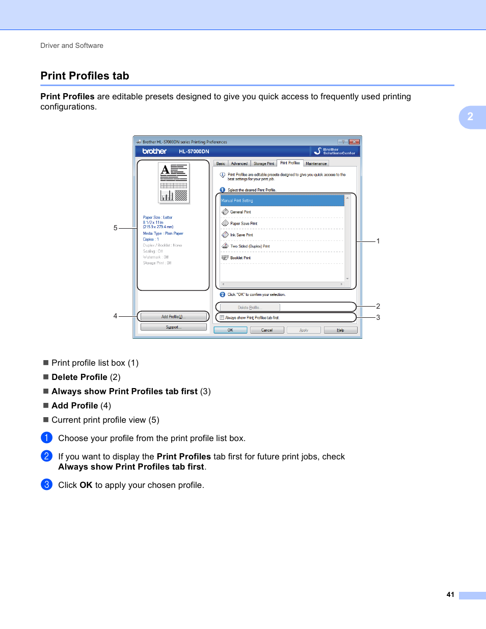 Print profiles tab, 2print profiles tab | Brother HL-S7000DN User Manual | Page 47 / 161