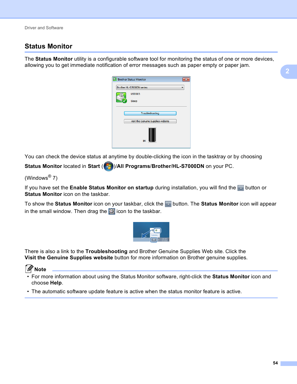 Status monitor, 2status monitor | Brother HL-S7000DN User Manual | Page 60 / 161