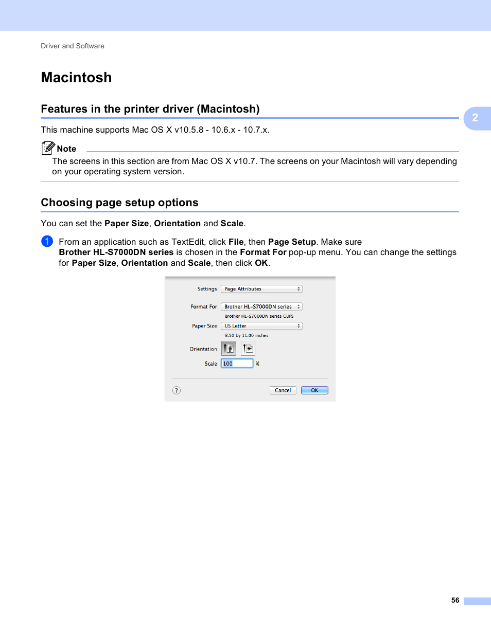 Macintosh, Features in the printer driver (macintosh), Choosing page setup options | Brother HL-S7000DN User Manual | Page 62 / 161