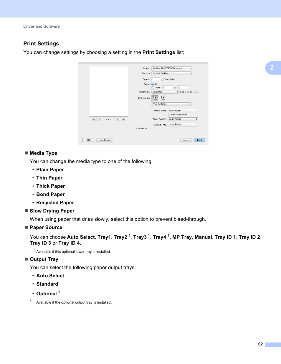 Print settings | Brother HL-S7000DN User Manual | Page 68 / 161