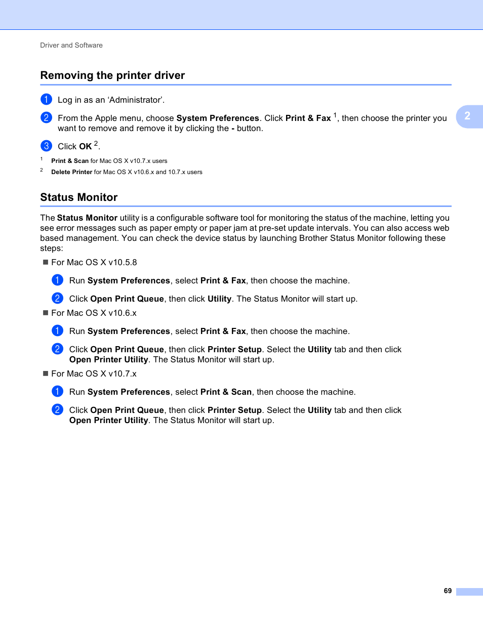 Removing the printer driver, Status monitor, Removing the printer driver status monitor | 2removing the printer driver | Brother HL-S7000DN User Manual | Page 75 / 161