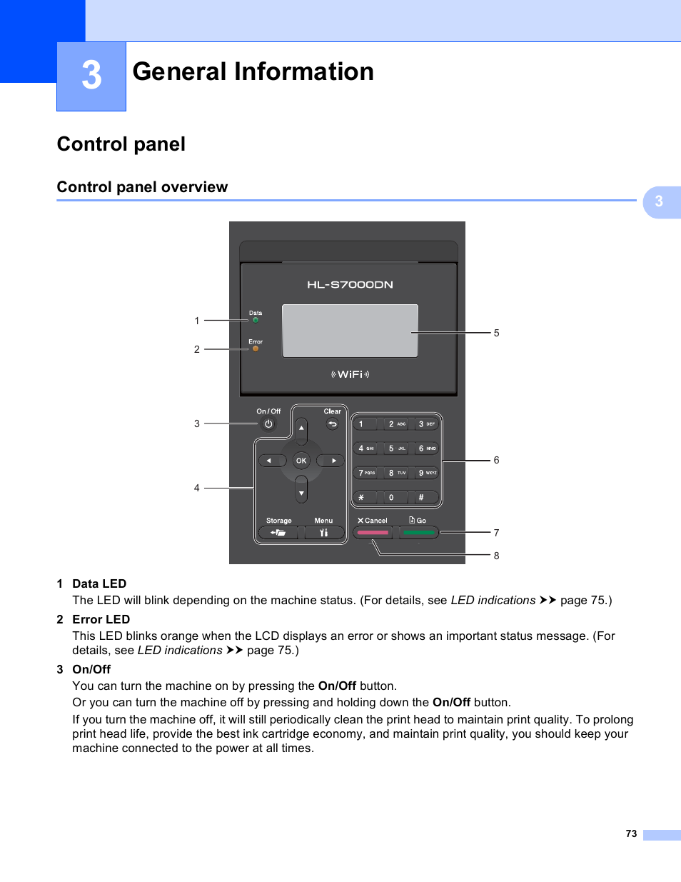 3 general information, Control panel, Control panel overview | General information | Brother HL-S7000DN User Manual | Page 79 / 161