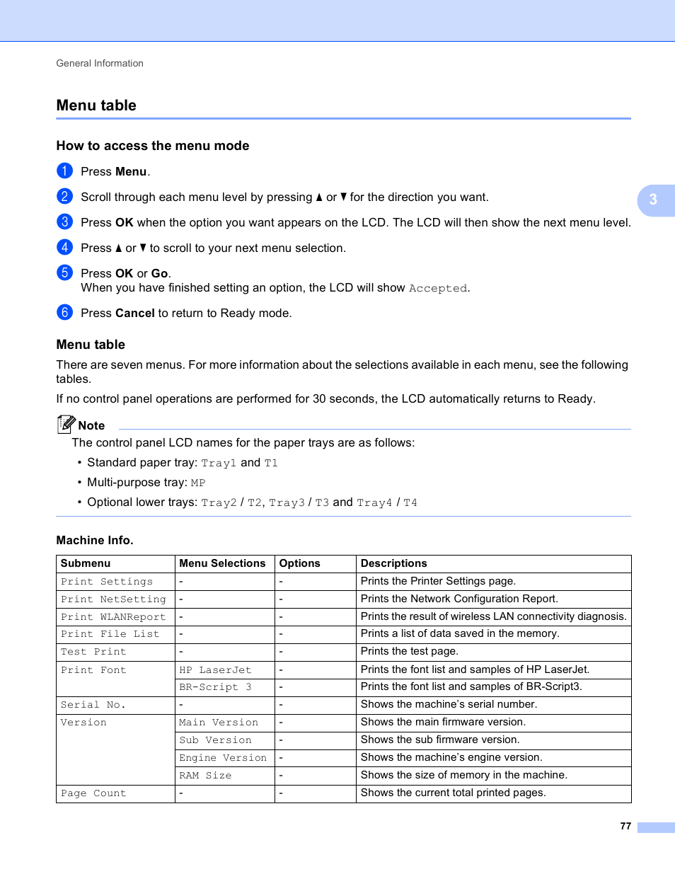 Menu table, How to access the menu mode, 3menu table | Brother HL-S7000DN User Manual | Page 83 / 161