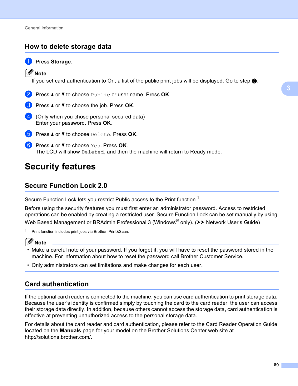 How to delete storage data, Security features, Secure function lock 2.0 | Card authentication, Secure function lock 2.0 card authentication, 3how to delete storage data | Brother HL-S7000DN User Manual | Page 95 / 161