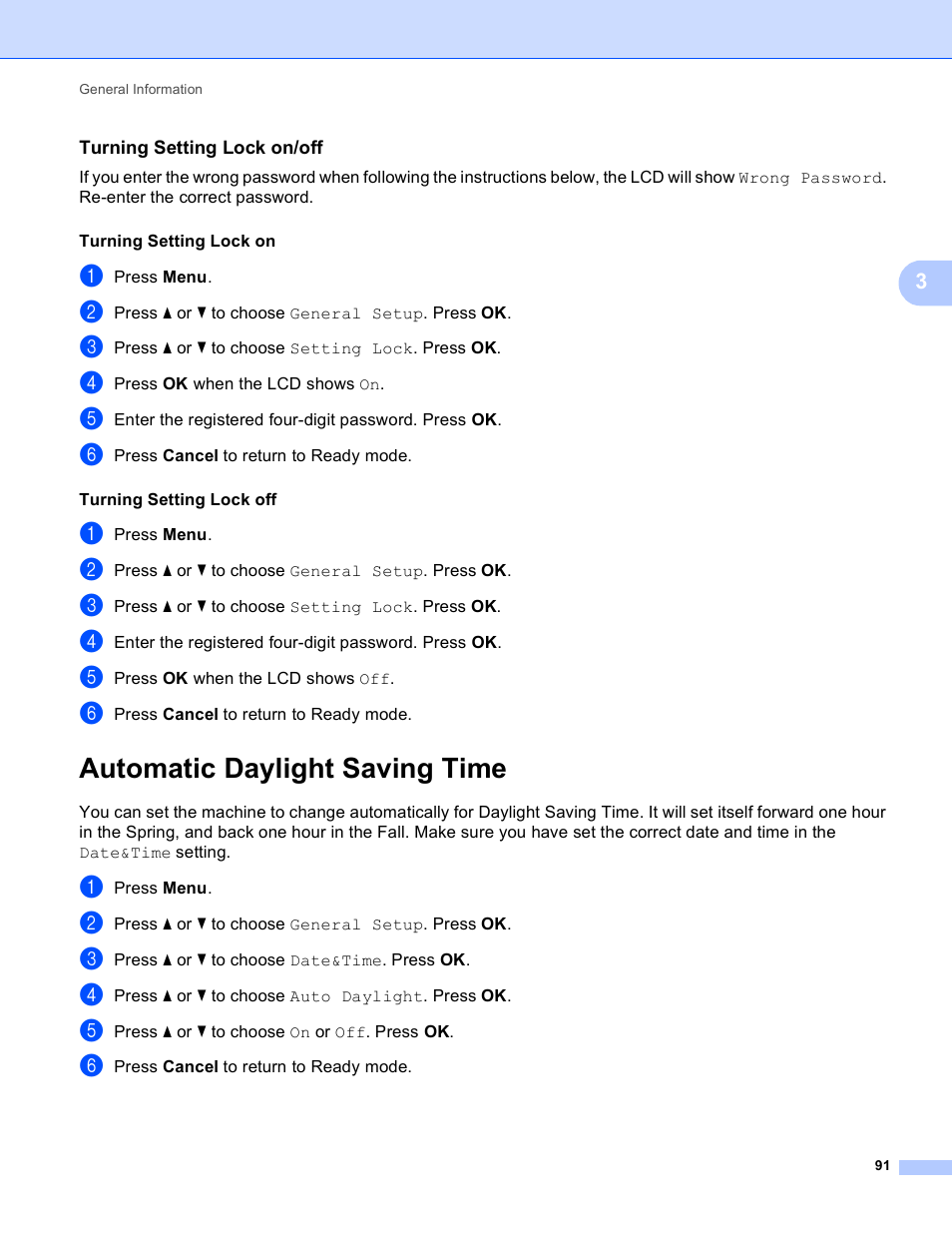 Turning setting lock on/off, Automatic daylight saving time | Brother HL-S7000DN User Manual | Page 97 / 161