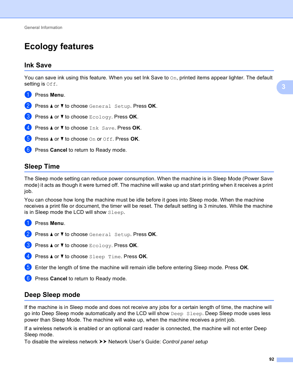 Ecology features, Ink save, Sleep time | Deep sleep mode, Ink save sleep time deep sleep mode | Brother HL-S7000DN User Manual | Page 98 / 161