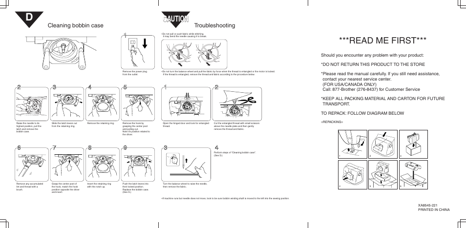 Read me first, Caution, Cleaning bobbin case | Troubleshooting | Brother LS-30 User Manual | Page 2 / 2