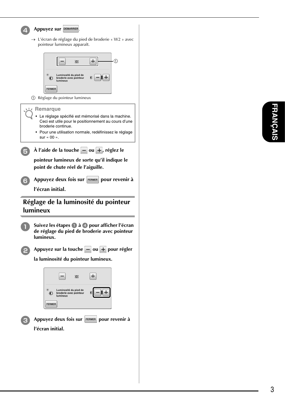 Réglage de la luminosité du pointeur lumineux, 3fra nçais | Brother Innov-is 6750D User Manual | Page 11 / 28