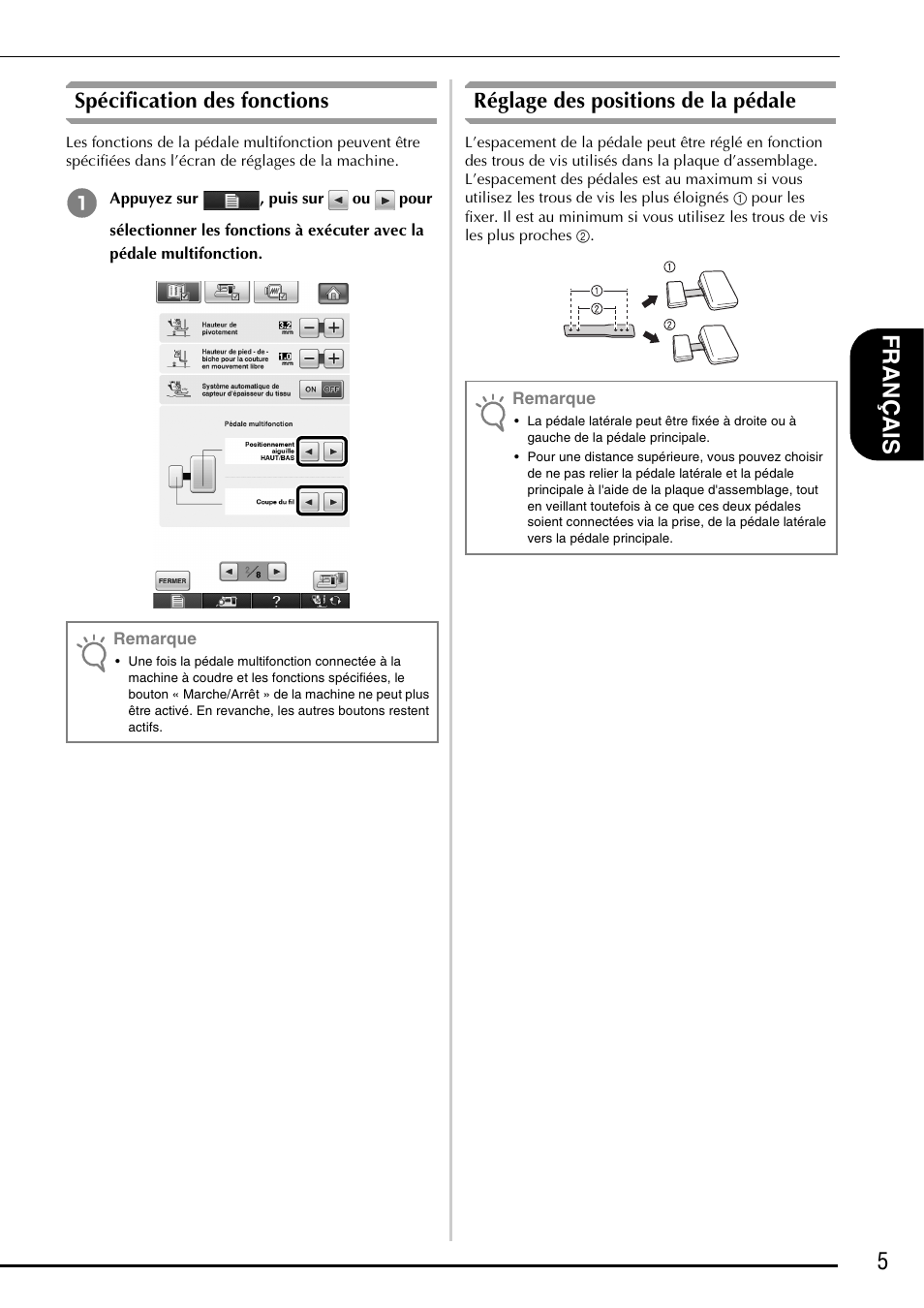 Spécification des fonctions, Réglage des positions de la pédale, 5fra nçais | Brother Innov-is 6750D User Manual | Page 13 / 28