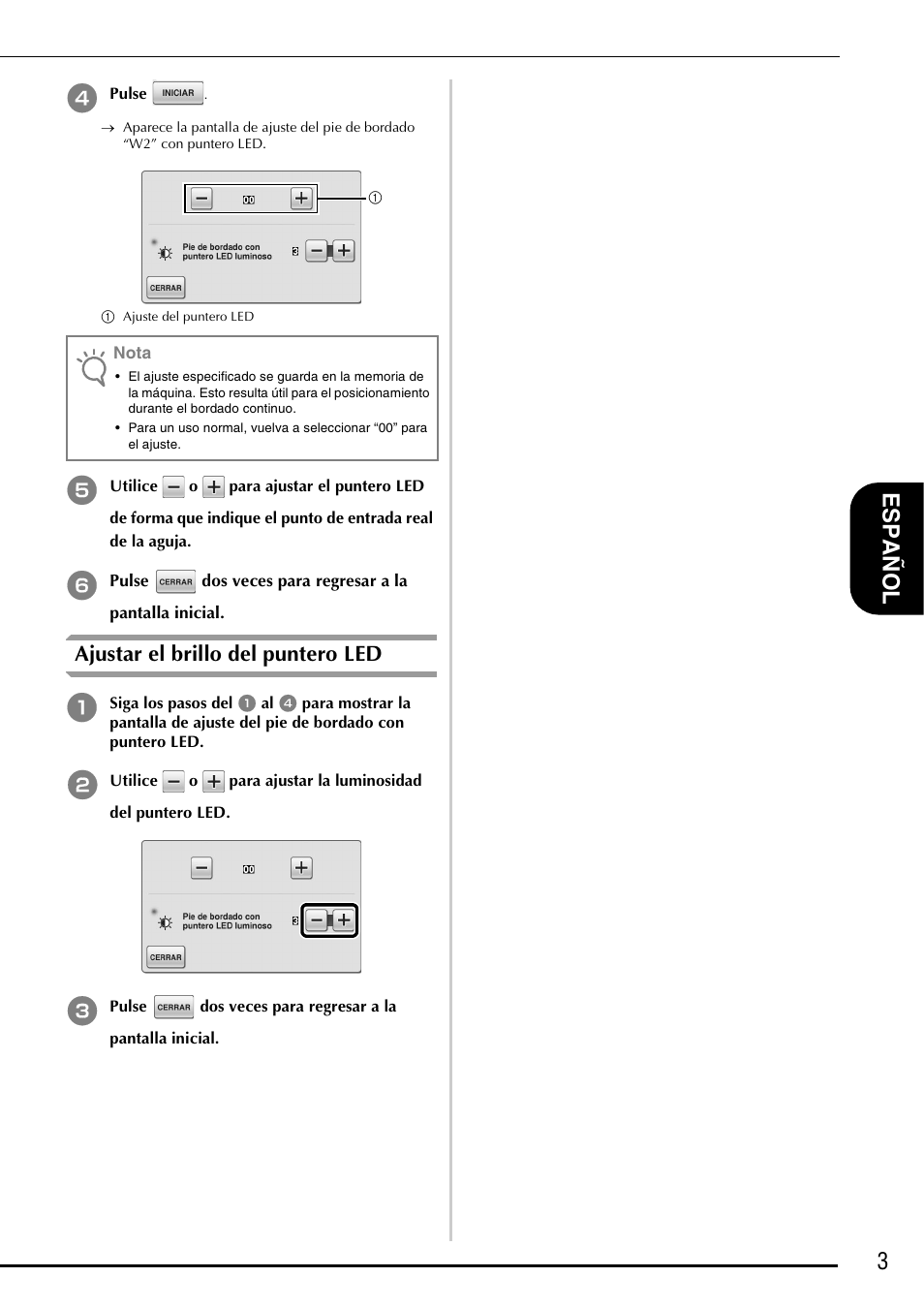 Ajustar el brillo del puntero led, 3e s p añol | Brother Innov-is 6750D User Manual | Page 17 / 28