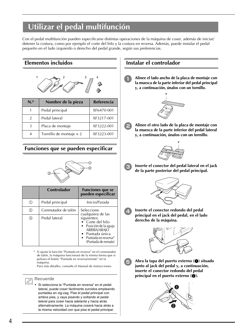 Elementos incluidos, Funciones que se pueden especificar, Instalar el controlador | Utilizar el pedal multifunción | Brother Innov-is 6750D User Manual | Page 18 / 28