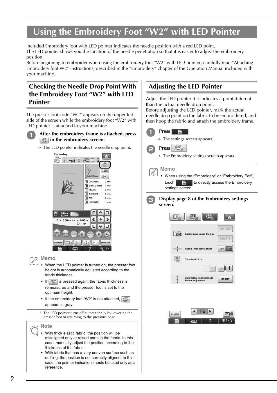 Adjusting the led pointer, Using the embroidery foot “w2” with led pointer | Brother Innov-is 6750D User Manual | Page 4 / 28