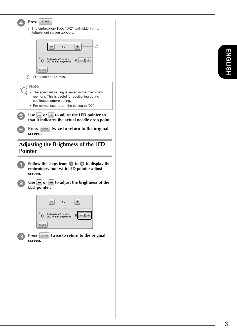 Adjusting the brightness of the led pointer, 3e nglis h | Brother Innov-is 6750D User Manual | Page 5 / 28