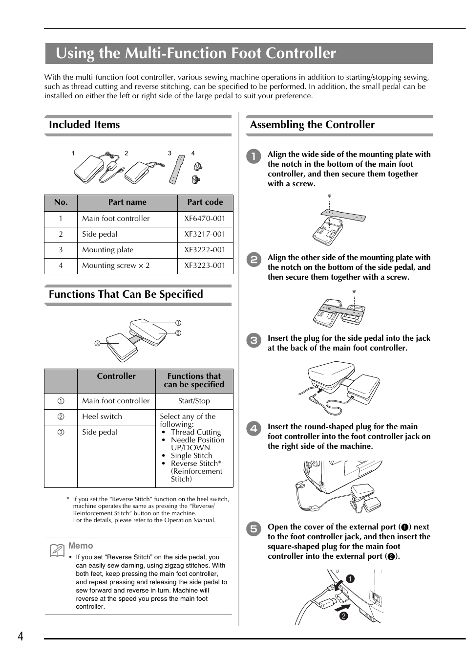 Included items, Functions that can be specified, Assembling the controller | Using the multi-function foot controller, Included items functions that can be specified | Brother Innov-is 6750D User Manual | Page 6 / 28