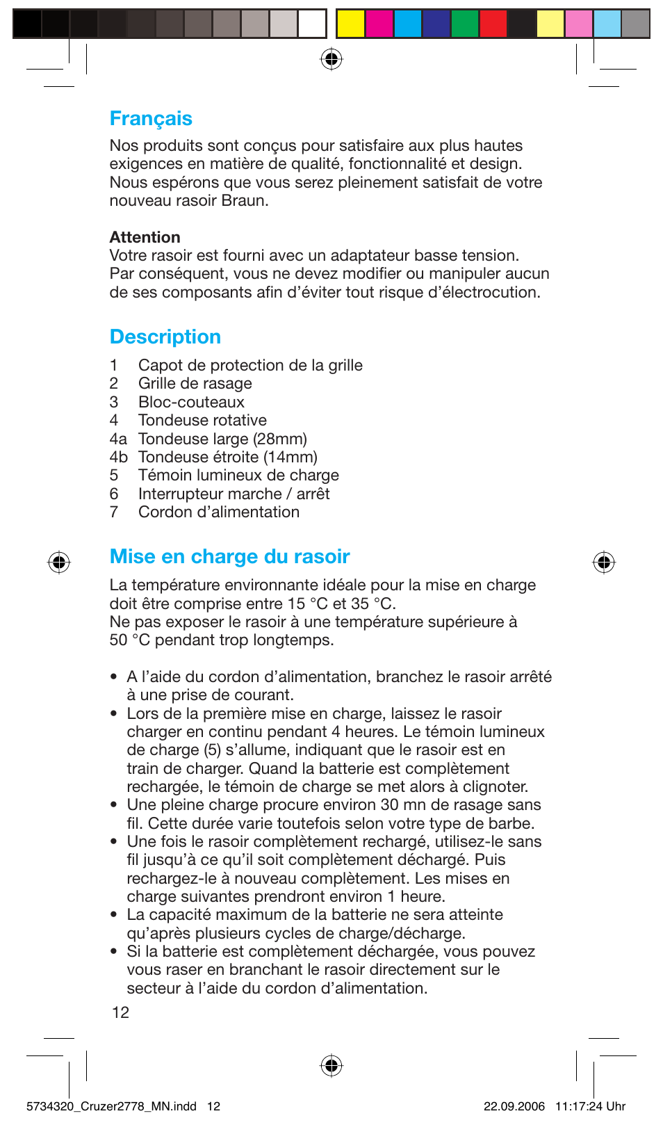 Français, Description, Mise en charge du rasoir | Braun 2778 Cruzer2 User Manual | Page 11 / 55