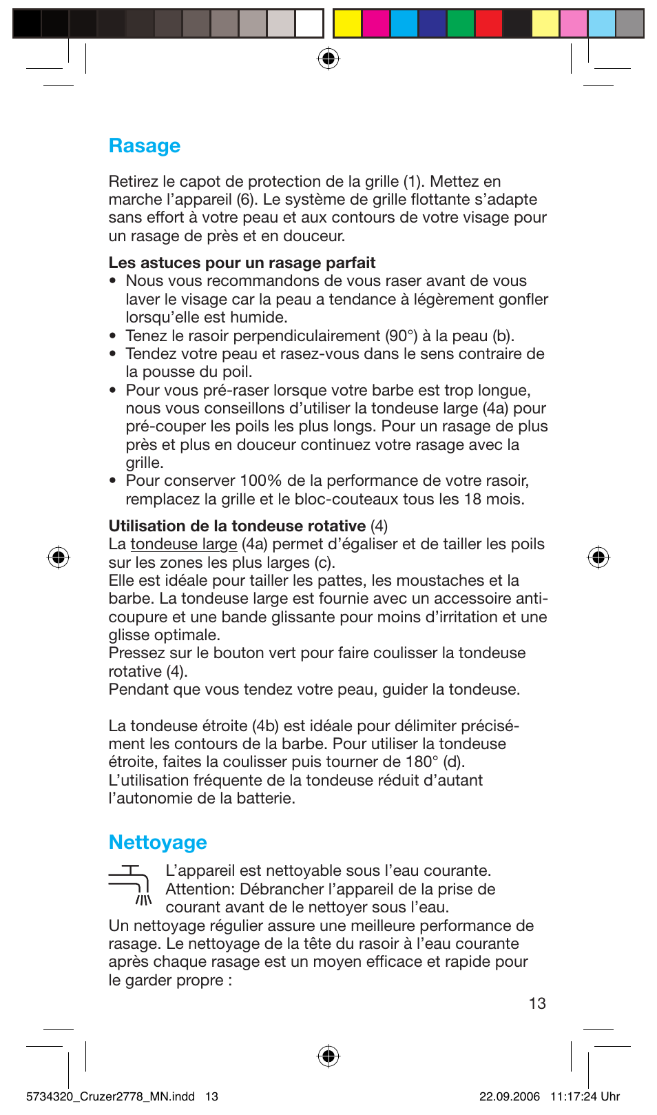 Rasage, Nettoyage | Braun 2778 Cruzer2 User Manual | Page 12 / 55