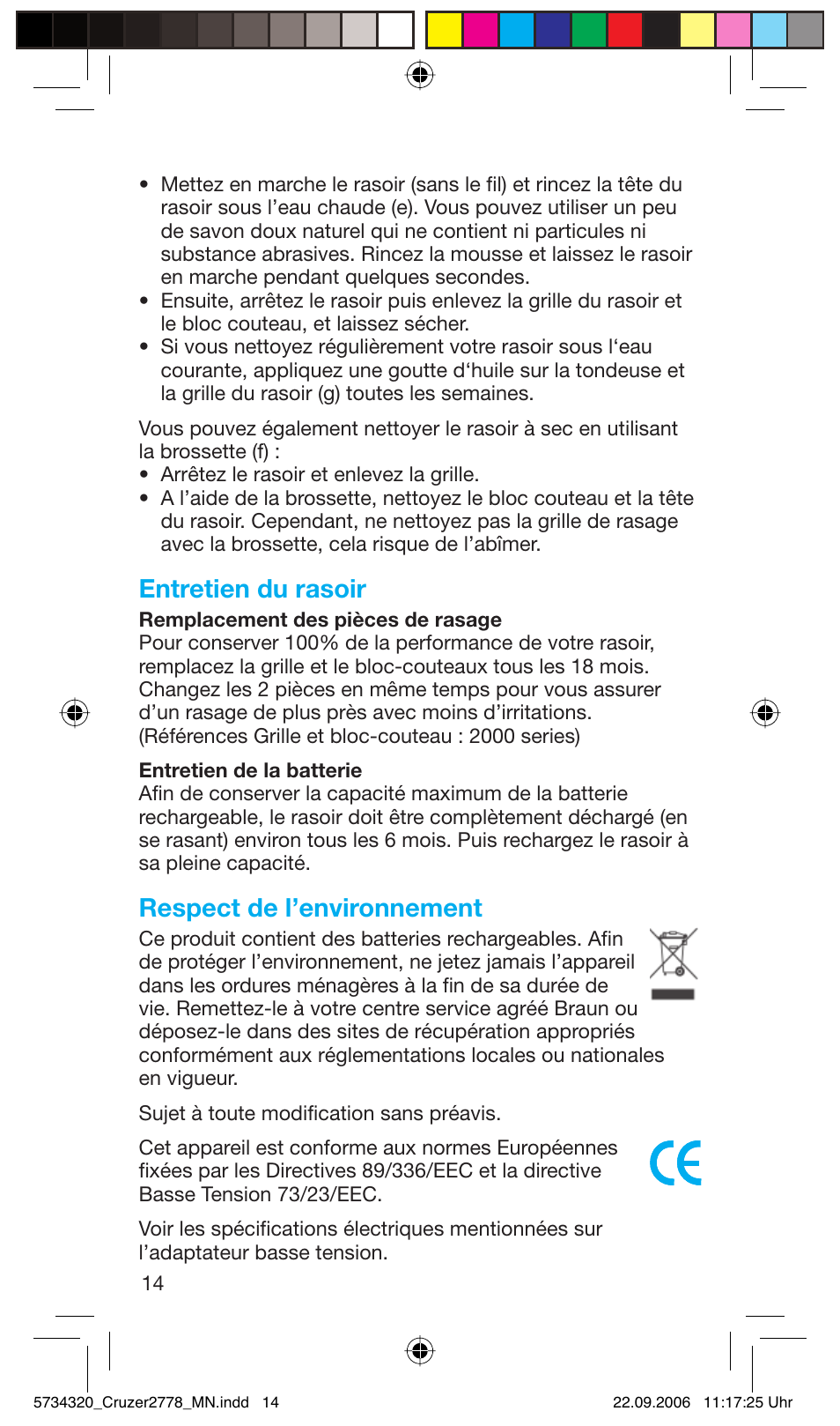Entretien du rasoir, Respect de l’environnement | Braun 2778 Cruzer2 User Manual | Page 13 / 55