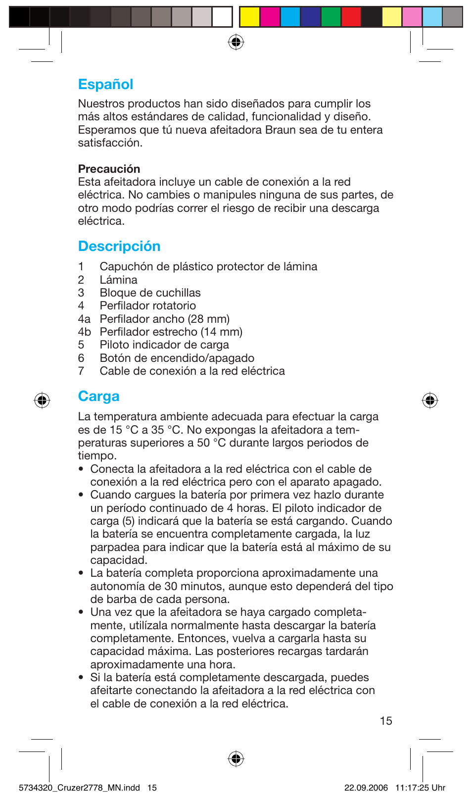 Español, Descripción, Carga | Braun 2778 Cruzer2 User Manual | Page 14 / 55