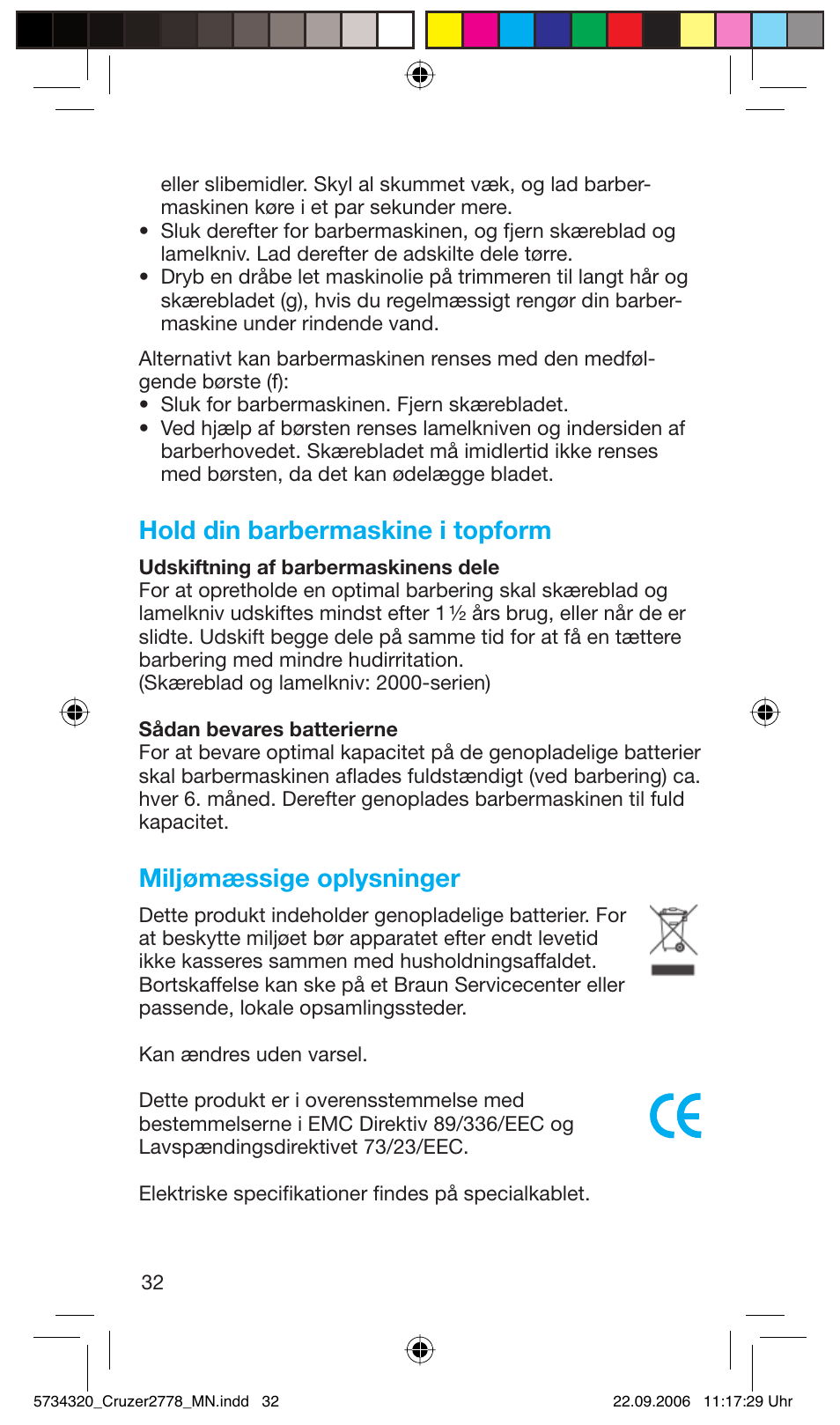 Hold din barbermaskine i topform, Miljømæssige oplysninger | Braun 2778 Cruzer2 User Manual | Page 31 / 55