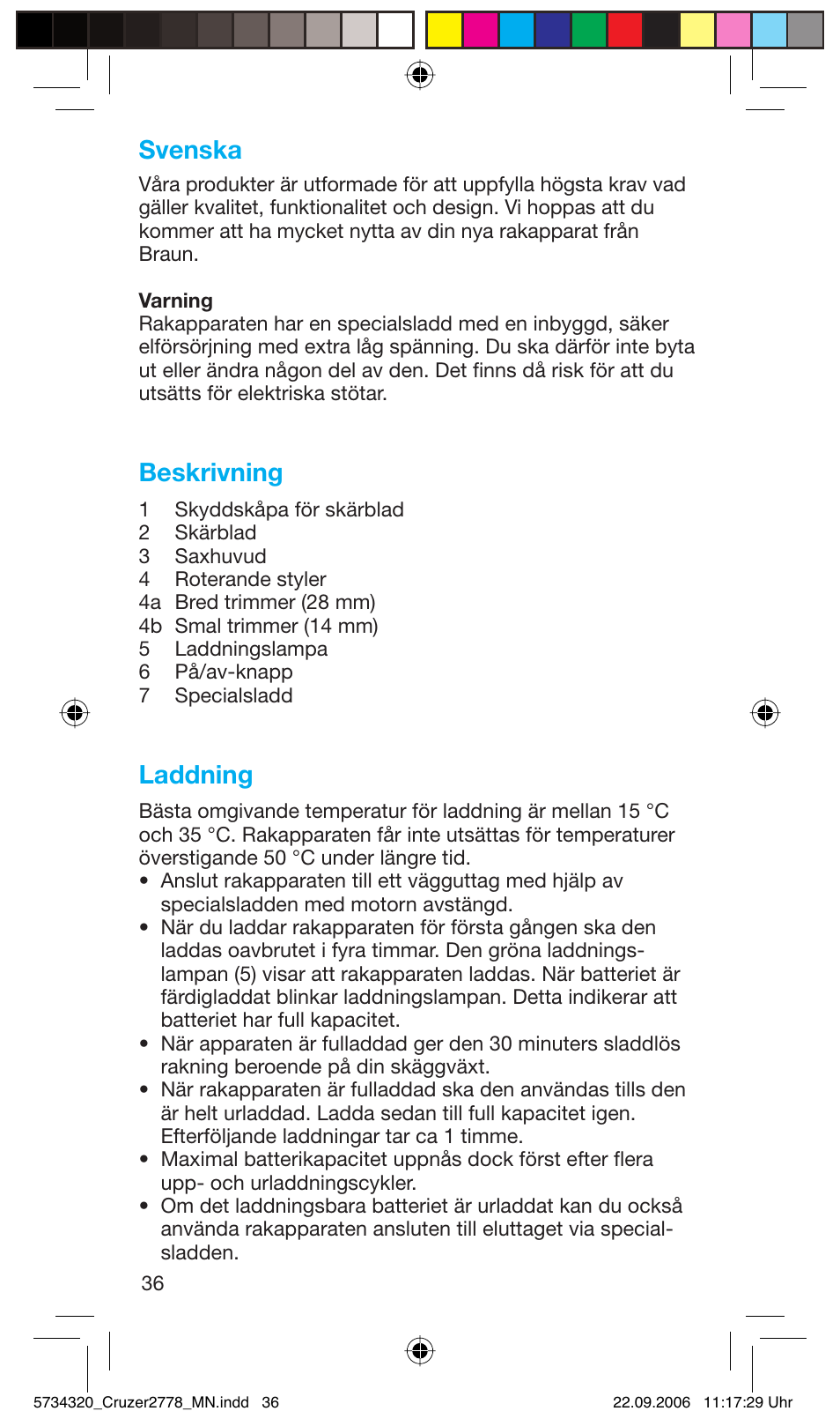 Svenska, Beskrivning, Laddning | Braun 2778 Cruzer2 User Manual | Page 35 / 55
