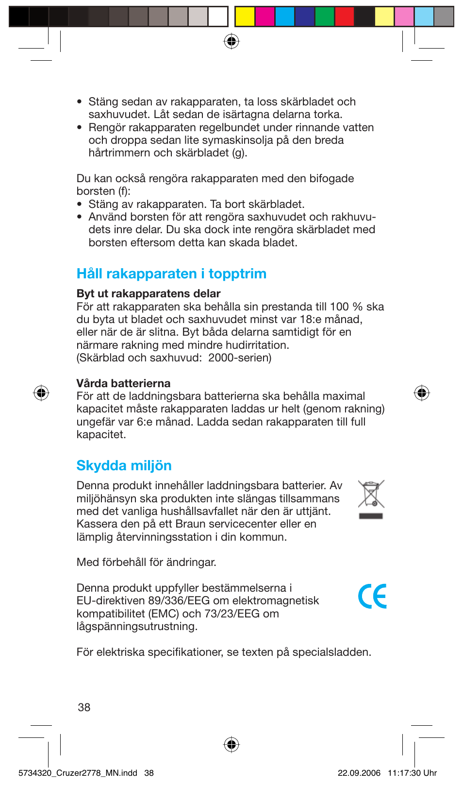 Håll rakapparaten i topptrim, Skydda miljön | Braun 2778 Cruzer2 User Manual | Page 37 / 55
