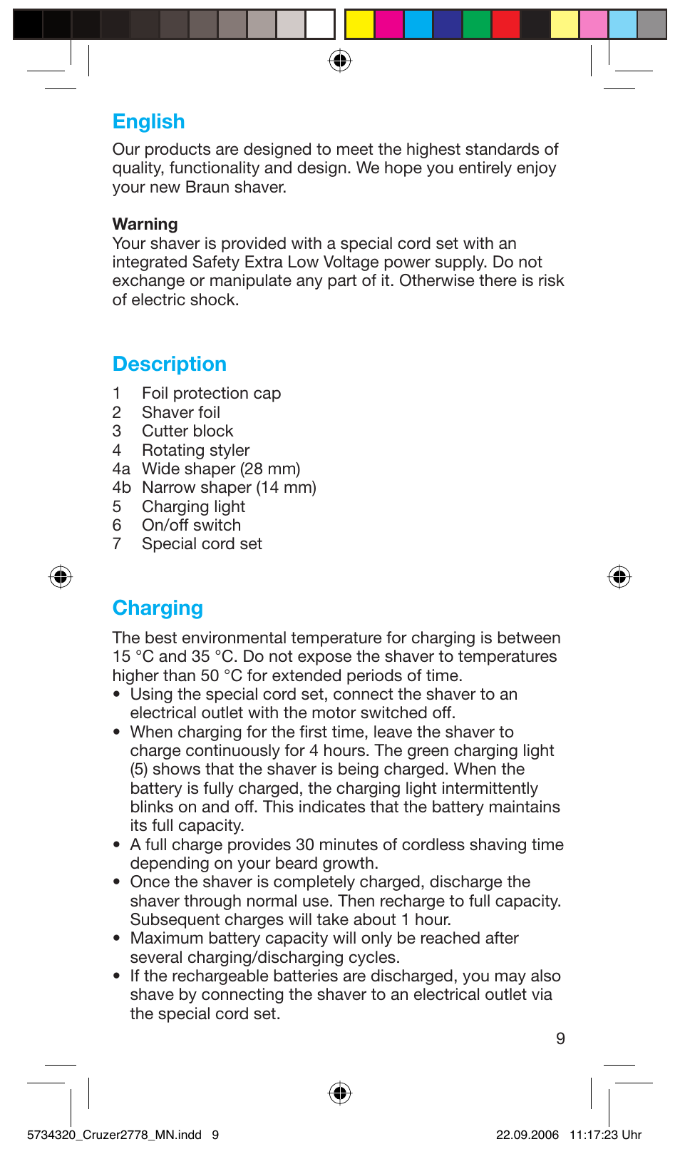 English, Description, Charging | Braun 2778 Cruzer2 User Manual | Page 8 / 55