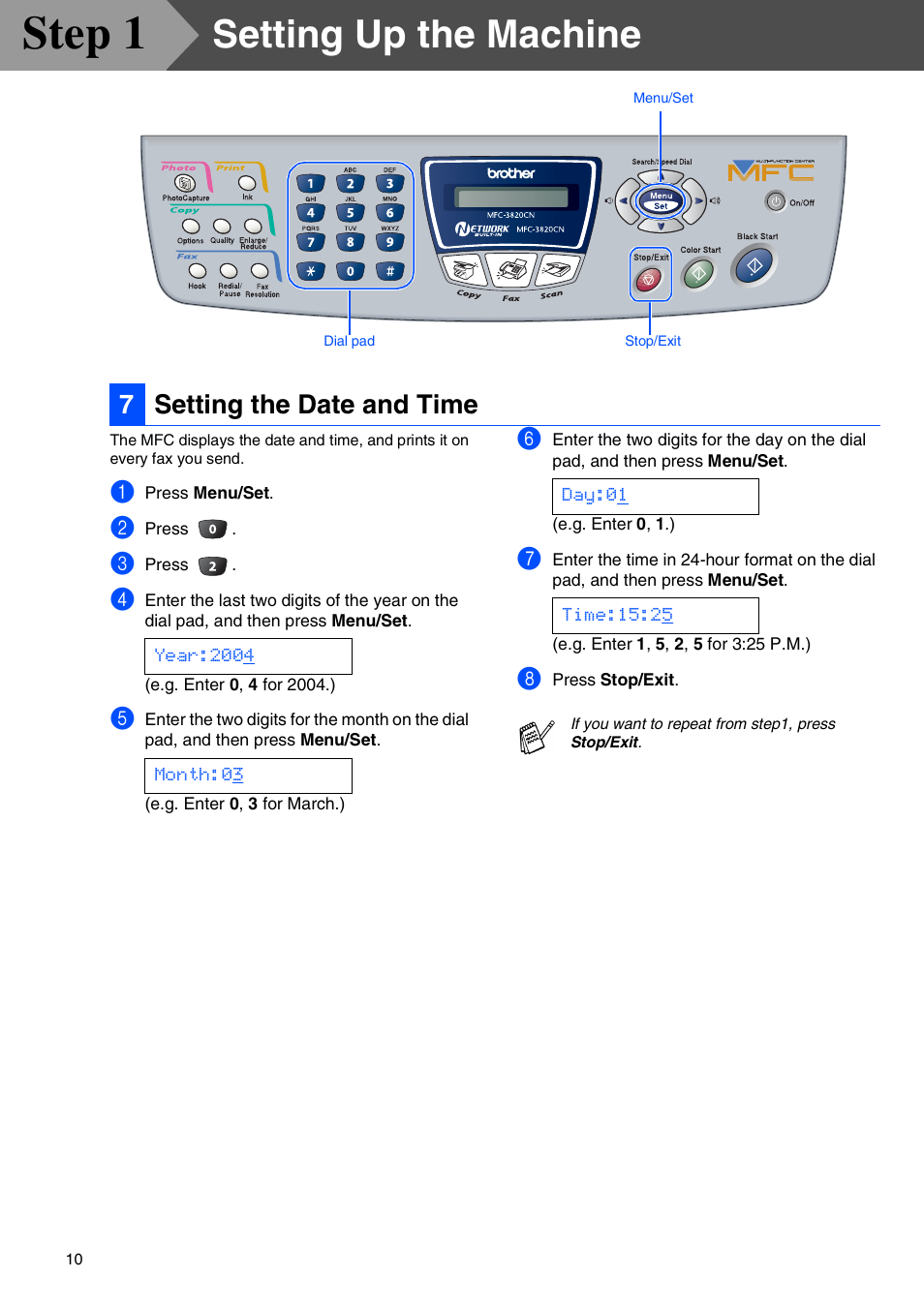 7 setting the date and time, Setting the date and time, Step 1 | Setting up the machine, 7setting the date and time | Brother MFC-3820CN User Manual | Page 12 / 42