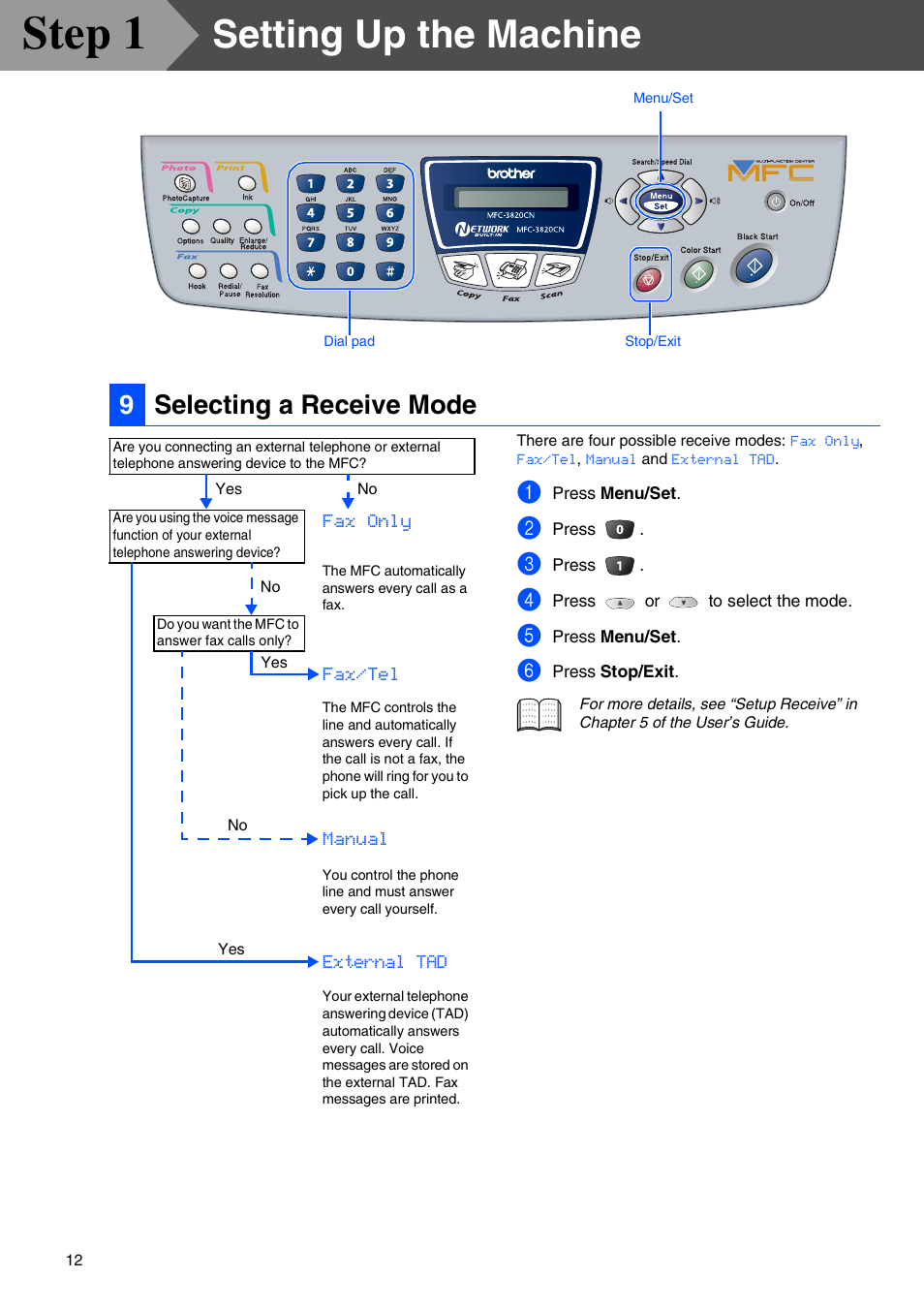 9 selecting a receive mode, Selecting a receive mode, Step 1 | Setting up the machine, 9selecting a receive mode | Brother MFC-3820CN User Manual | Page 14 / 42
