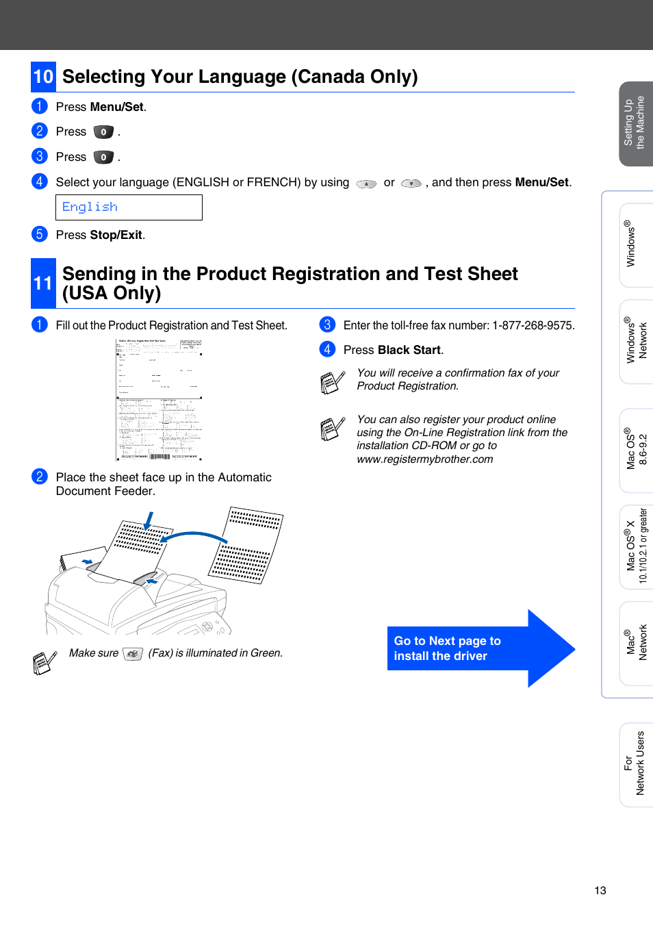 10 selecting your language (canada only), Selecting your language (canada only), English | Brother MFC-3820CN User Manual | Page 15 / 42