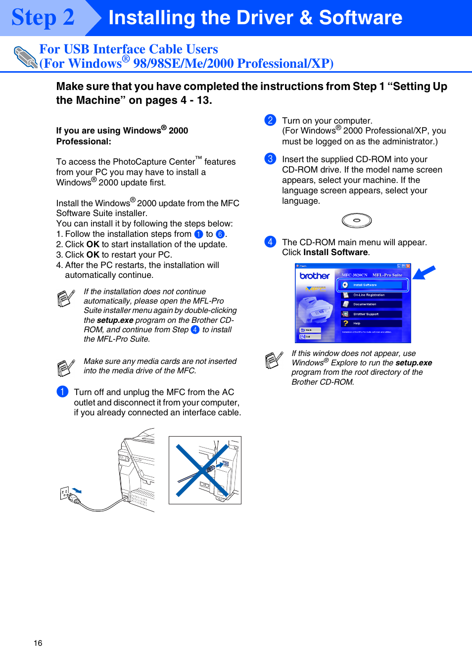 For usb interface cable users (for windows, 98/98se/me/2000 professional/xp), Step 2 | Installing the driver & software | Brother MFC-3820CN User Manual | Page 18 / 42
