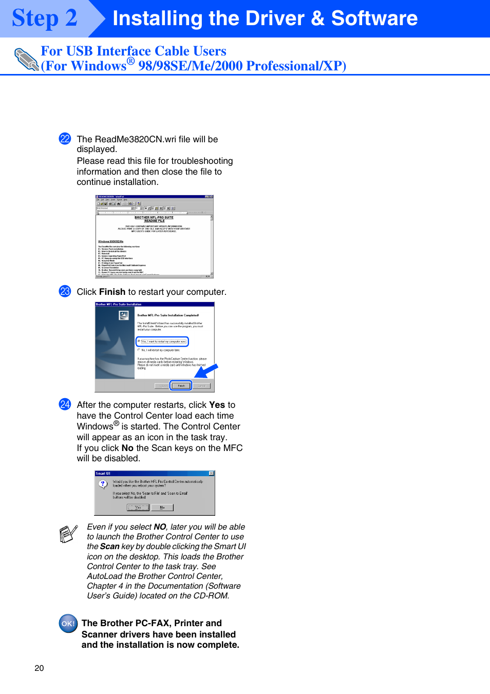 Step 2, Installing the driver & software, For usb interface cable users (for windows | Brother MFC-3820CN User Manual | Page 22 / 42
