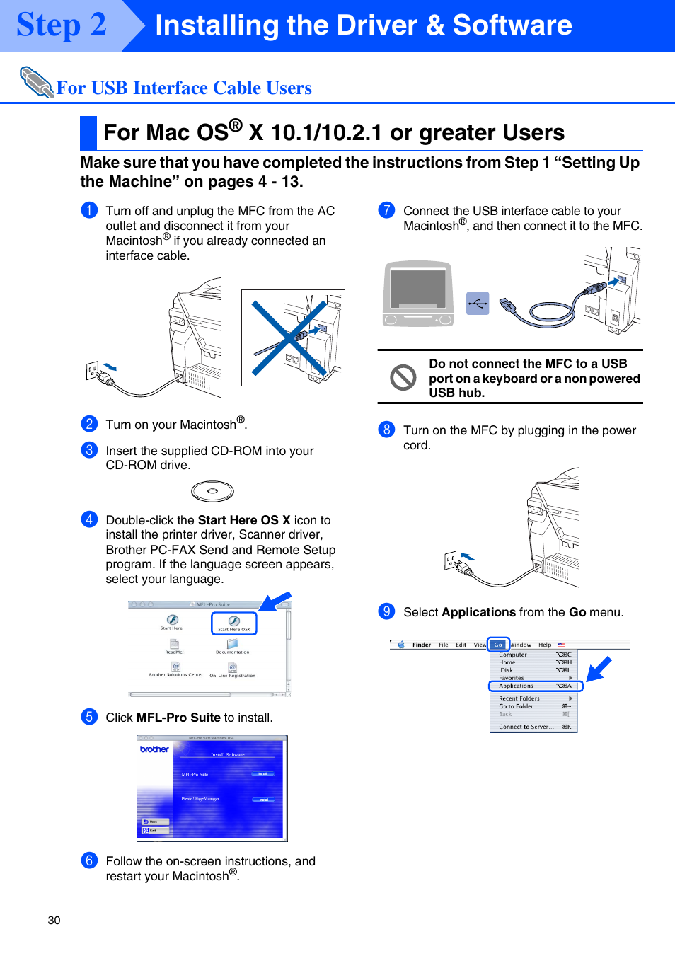For mac os® x 10.1/10.2.1 or greater users, For mac os, X 10.1/10.2.1 or greater users | For usb interface cable users ■ for mac os, Step 2, Installing the driver & software, For usb interface cable users | Brother MFC-3820CN User Manual | Page 32 / 42