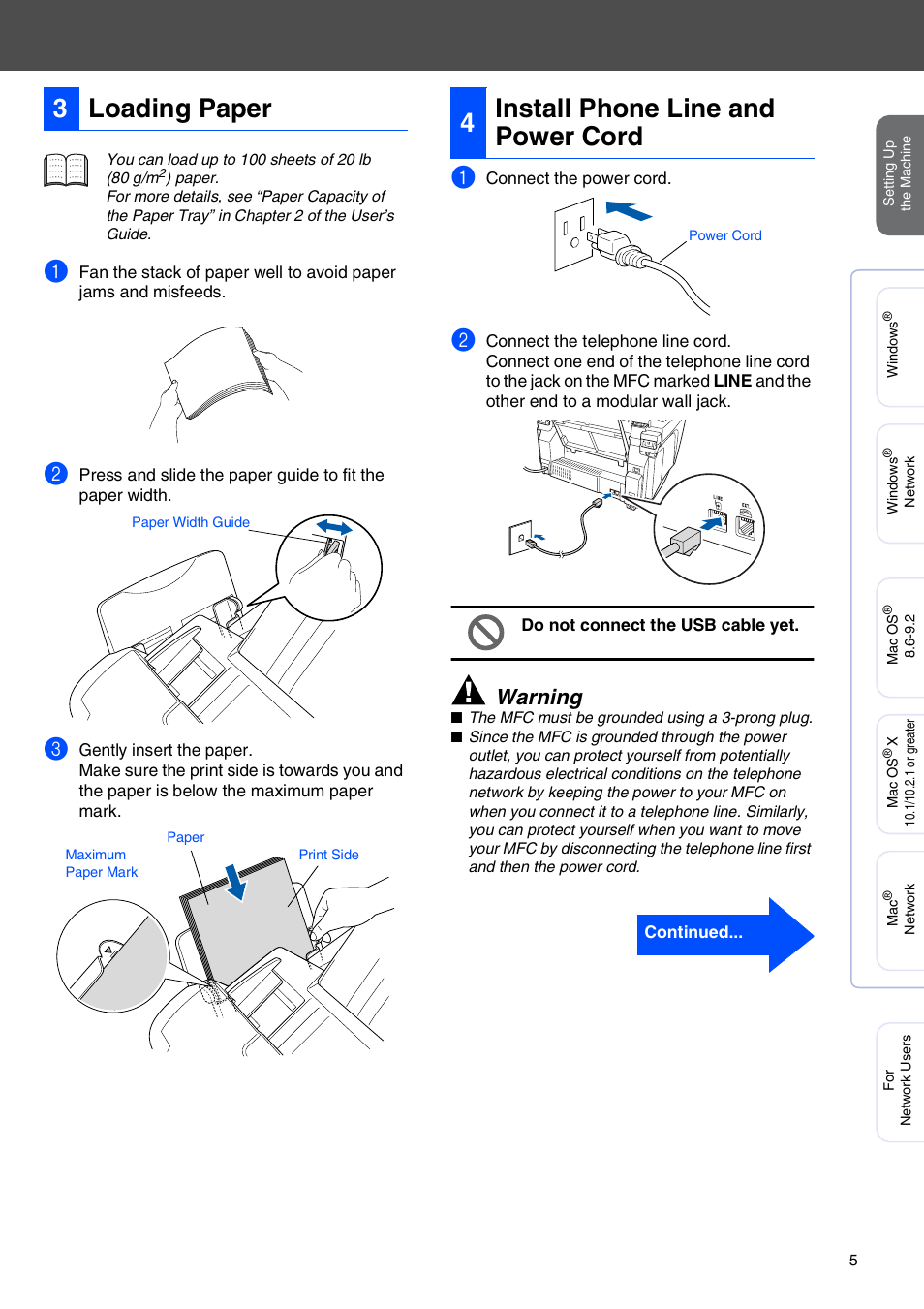 3 loading paper, 4 install phone line and power cord, Loading paper | Install phone line and power cord, 3loading paper, 4install phone line and power cord, Warning | Brother MFC-3820CN User Manual | Page 7 / 42