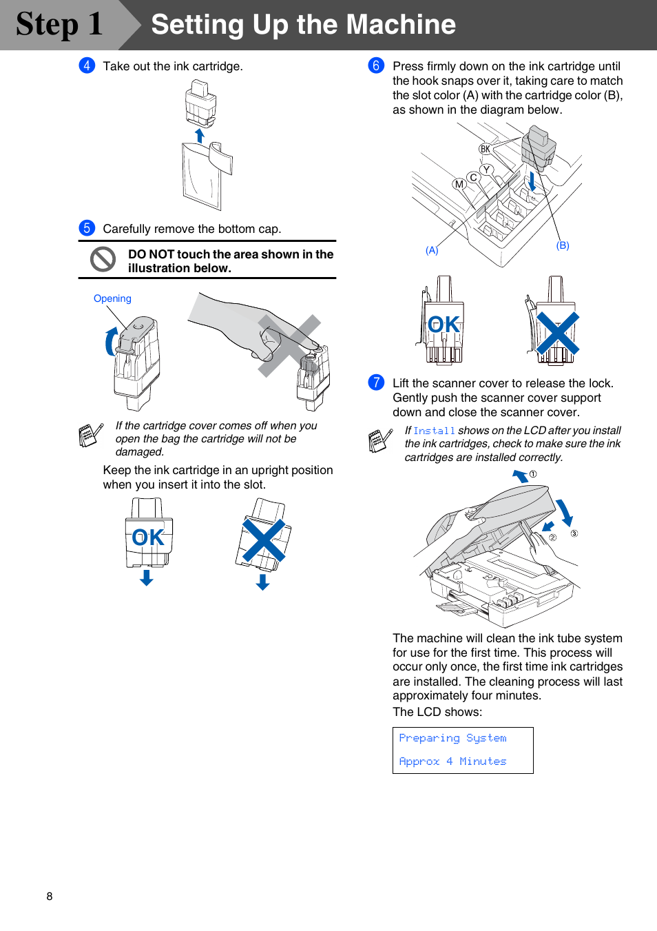 Step 1, Setting up the machine | Brother MFC 5840CN User Manual | Page 10 / 39