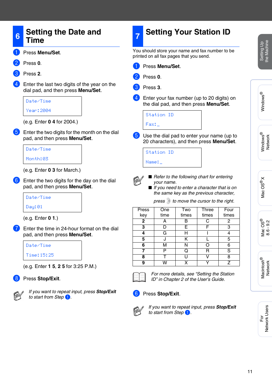 6 setting the date and time, 7 setting your station id, Setting the date and time | Setting your station id, 6setting the date and time, 7setting your station id | Brother MFC 5840CN User Manual | Page 13 / 39