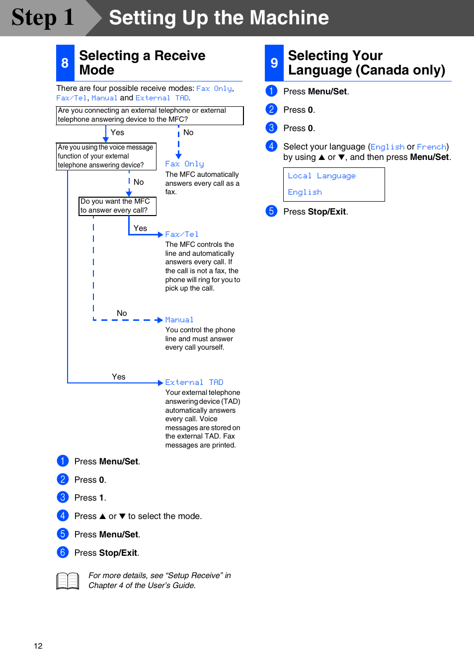 8 selecting a receive mode, 9 selecting your language (canada only), Selecting a receive mode | Selecting your language (canada only), Step 1, Setting up the machine, 8selecting a receive mode, 9selecting your language (canada only) | Brother MFC 5840CN User Manual | Page 14 / 39