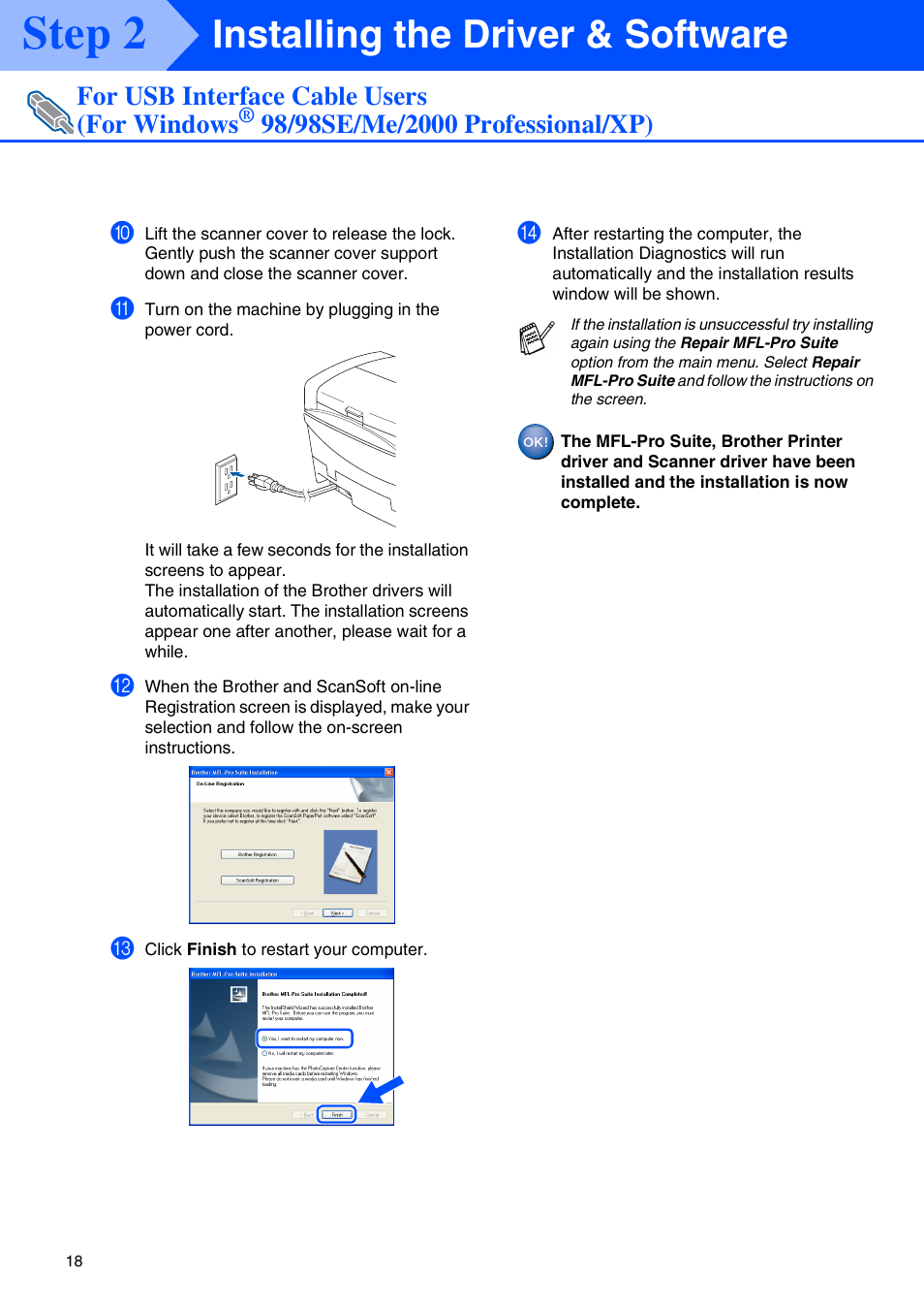 Step 2, Installing the driver & software, For usb interface cable users (for windows | Brother MFC 5840CN User Manual | Page 20 / 39
