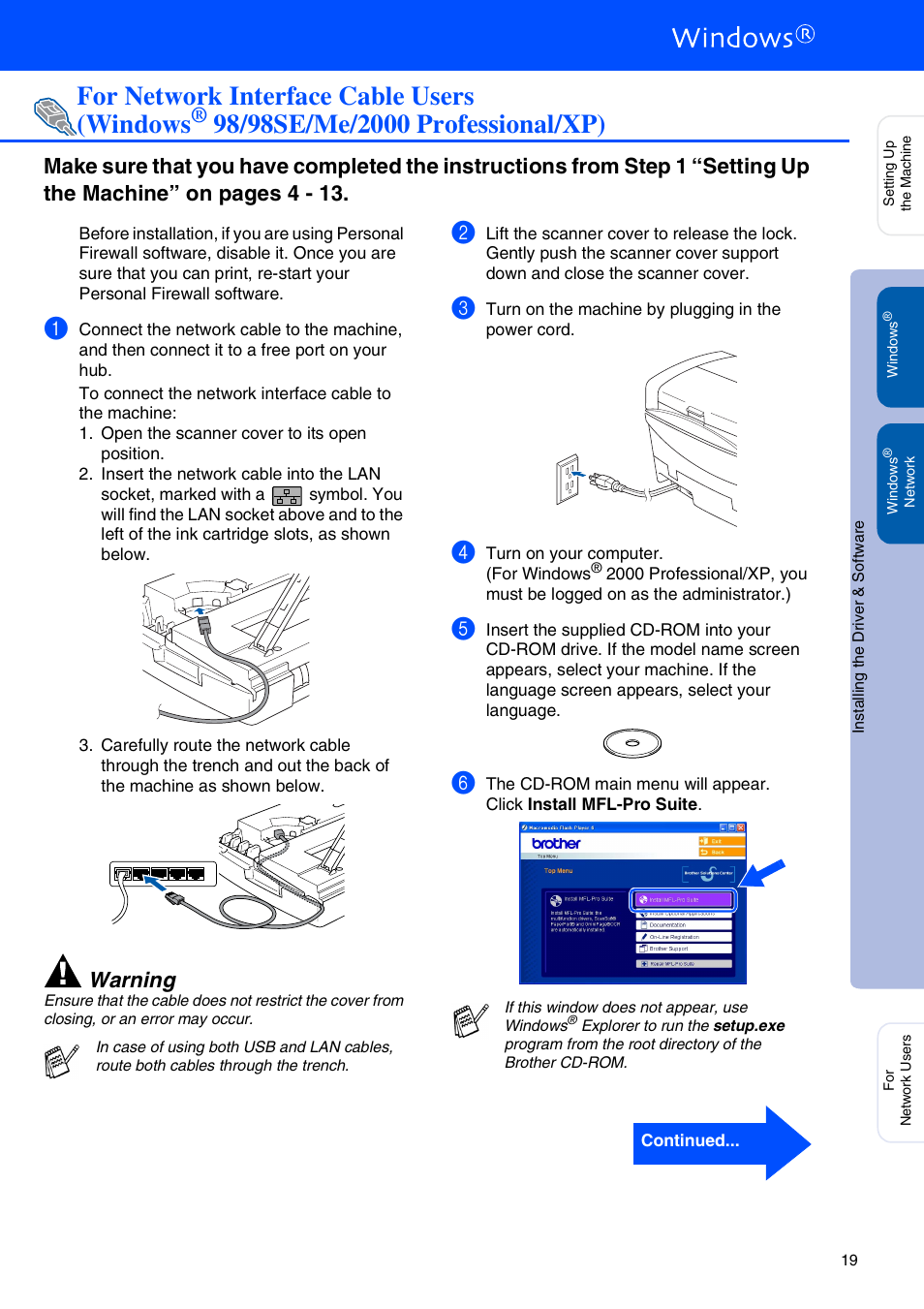 For network interface cable users, For windows, 98/98se/me/2000 professional/xp | For network interface cable users ■ windows, For network interface cable users (windows, Warning | Brother MFC 5840CN User Manual | Page 21 / 39