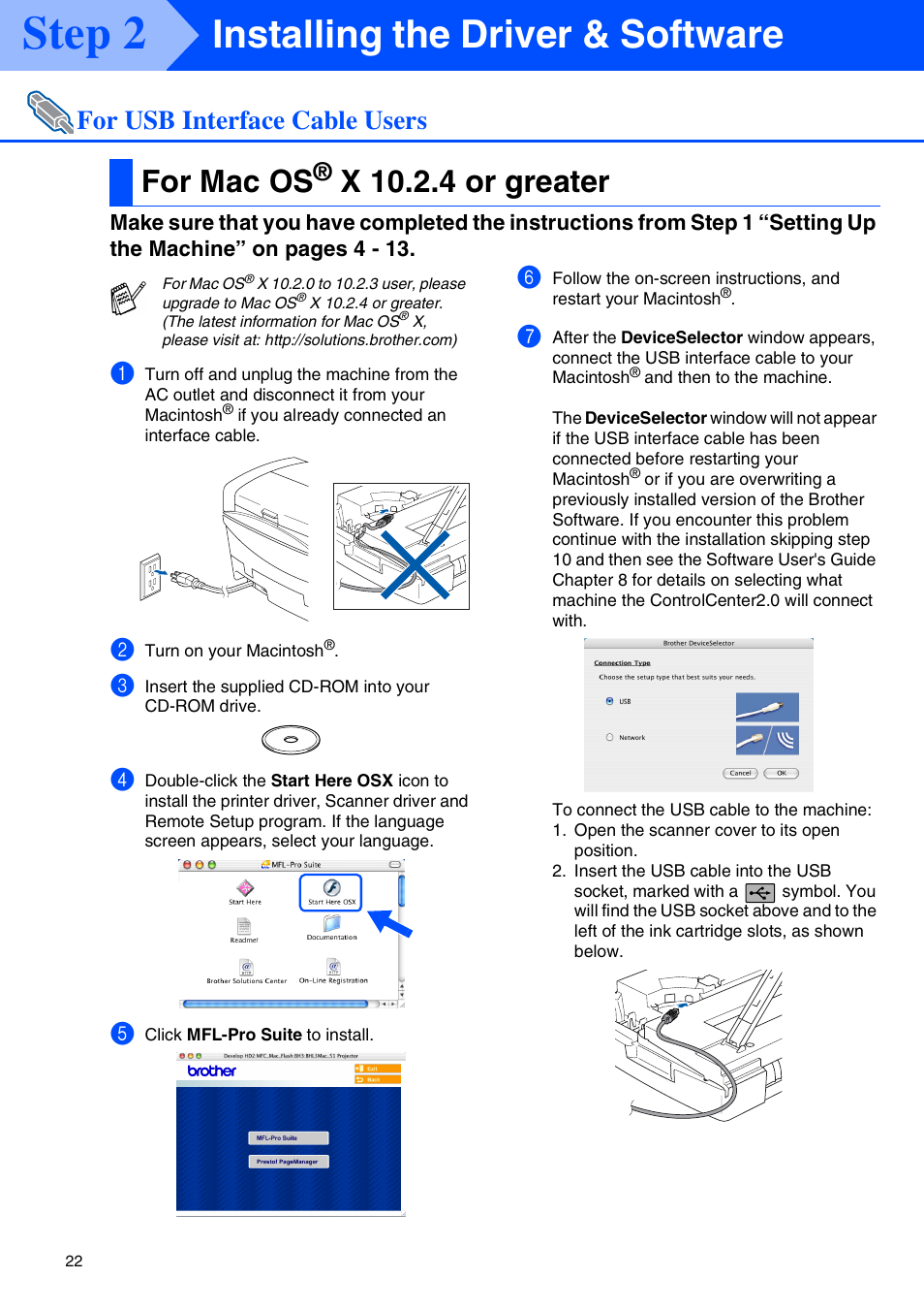 For usb interface cable users, For mac os® x 10.2.4 or greater, For mac os | X 10.2.4 or greater, For usb interface cable users ■ mac os, Step 2, Installing the driver & software | Brother MFC 5840CN User Manual | Page 24 / 39